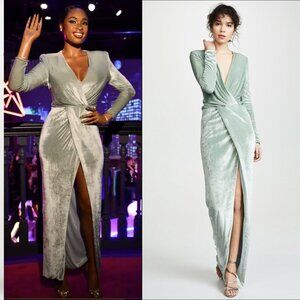 NWT Galvan London Vera Velvet Surplice Wrap Gown Maxi Dress 8 Silver Green Mint